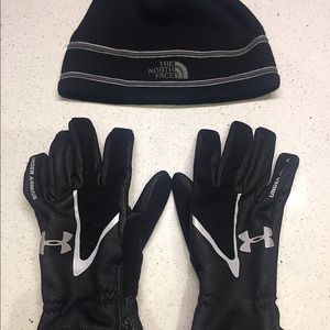 Under Armour Cold Gear Gloves and North Face Hat